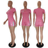 Plus Size Casual Print Short Sleeve Shorts Two Piece Sets GDYF-6605