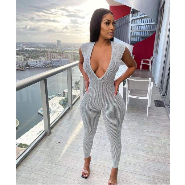 Fashion Deep V Neck Sleeveless Slim Fit Jumpsuit GDYF-6640