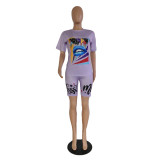 Plus Size Casual Print Short Sleeve Shorts Two Piece Sets GDYF-6603