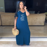 Plus Size Letter Print Short Sleeve Maxi Dress BMF-Z003B