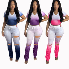 Gradient Color Short Sleeve Ruched Hole Pants Two Piece Sets GDYF-6604