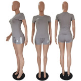Plus Size Casual Print Short Sleeve Shorts Two Piece Sets GDYF-6605