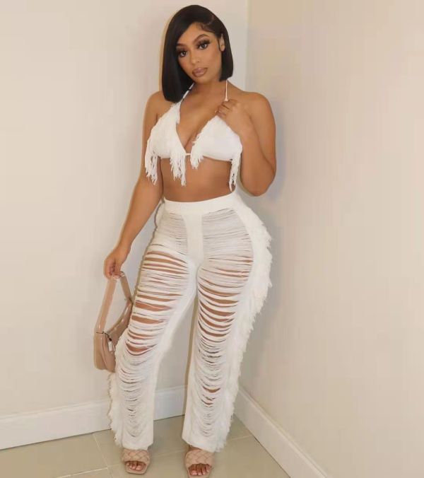 Sexy Tassel Bra Top+Hollow Out Pants 2 Piece Sets TR-1193