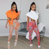 Sexy Irregular Shirt Top+Mesh Printed Pants 2 Piece Sets YNSF-1696