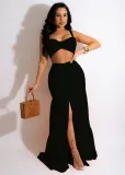 Sexy Solid Crop Top Split Maxi Skirt 2 Piece Sets MXDF-6079