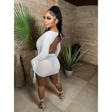 Sexy Mesh Long Sleeve Mini Skirt 2 Piece Sets (Without Underwear) DDF-88148