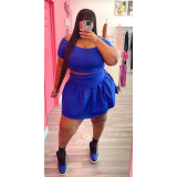 Plus Size Solid Short Sleeve Pleated Mini Skirt 2 Piece Sets WAF-77426