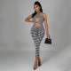 Houndtooth Print Halter Hollow Out Midi Dress YNSF-1697