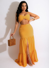 Sexy Solid Crop Top Split Maxi Skirt 2 Piece Sets MXDF-6079