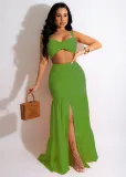 Sexy Solid Crop Top Split Maxi Skirt 2 Piece Sets MXDF-6079