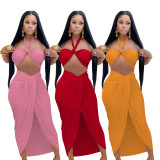 Solid Wrap Chest Split Skirt Two Piece Sets FOSF-8204