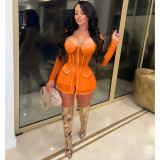 Sexy Mesh Patchwork Long Sleeve 2 Piece Shorts Set NM-8501