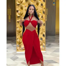 Solid Wrap Chest Split Skirt Two Piece Sets FOSF-8204