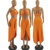 Solid Wrap Chest Split Skirt Two Piece Sets FOSF-8204