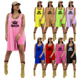 Queen Letter Print Split Tank Top And Shorts 2 Piece Sets TE-2035