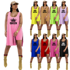 Queen Letter Print Split Tank Top And Shorts 2 Piece Sets TE-2035