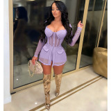 Sexy Mesh Patchwork Long Sleeve 2 Piece Shorts Set NM-8501