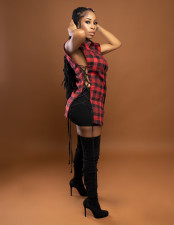 Plaid Lace-Up Sleeveless Shirt And Shorts 2 Piece Sets OMY-81001