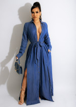Denim Long Sleeve High Split Sashes Maxi Dress ZSD-0451