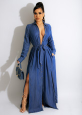 Denim Long Sleeve High Split Sashes Maxi Dress ZSD-0451