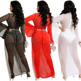 Fashion Sexy Nightclub Hot Diamond Deep V Slit Tassel Long Dress(With Panties) BY-5597