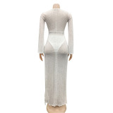 Fashion Sexy Nightclub Hot Diamond Deep V Slit Tassel Long Dress(With Panties) BY-5597