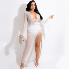 Fashion Sexy Nightclub Hot Diamond Deep V Slit Tassel Long Dress(With Panties) BY-5597