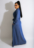 Denim Long Sleeve High Split Sashes Maxi Dress ZSD-0451