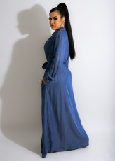 Denim Long Sleeve High Split Sashes Maxi Dress ZSD-0451