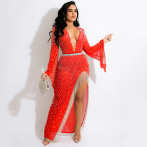 Fashion Sexy Nightclub Hot Diamond Deep V Slit Tassel Long Dress(With Panties) BY-5597