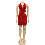 Fashion Solid Color Halter Sequin Club Dress BY-5609