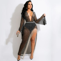 Fashion Sexy Nightclub Hot Diamond Deep V Slit Tassel Long Dress(With Panties) BY-5597