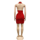 Fashion Solid Color Halter Sequin Club Dress BY-5609