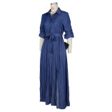 Denim Long Sleeve High Split Sashes Maxi Dress ZSD-0451