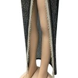 Fashion Sexy Nightclub Hot Diamond Deep V Slit Tassel Long Dress(With Panties) BY-5597