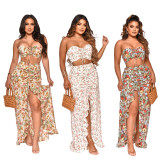 Floral Print Vacation Tube Top High Split Long Skirt Sets ME-8045