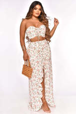 Floral Print Vacation Tube Top High Split Long Skirt Sets ME-8045