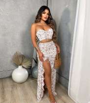 Floral Print Vacation Tube Top High Split Long Skirt Sets ME-8045