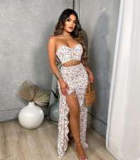 Floral Print Vacation Tube Top High Split Long Skirt Sets ME-8045