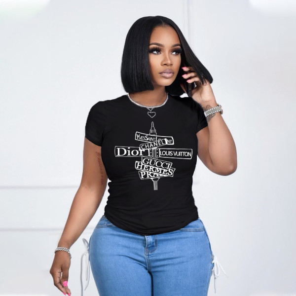 Letter Print O Neck Short Sleeve T Shirt HNIF-059X