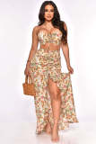 Floral Print Vacation Tube Top High Split Long Skirt Sets ME-8045