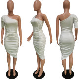 Sexy One Shoulder Ruched Irregular Midi Dress BGN-237