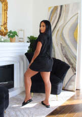 Plus Size Black Deep V Neck Short Sleeve Mini Dress LSL-6486