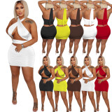 Sexy Solid Wrap Chest Mini Skirt Two Piece Sets FOSF-8203