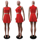 Solid Sleeveless Pleated Mini Skirt 2 Piece Sets BS-1306