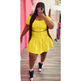 Plus Size Solid Short Sleeve Pleated Mini Skirt 2 Piece Sets WAF-77426