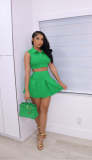 Solid Sleeveless Pleated Mini Skirt 2 Piece Sets BS-1306
