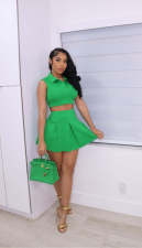 Solid Sleeveless Pleated Mini Skirt 2 Piece Sets BS-1306