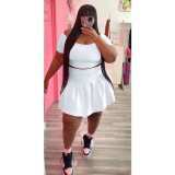 Plus Size Solid Short Sleeve Pleated Mini Skirt 2 Piece Sets WAF-77426