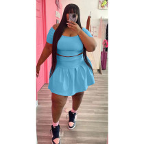 Plus Size Solid Short Sleeve Pleated Mini Skirt 2 Piece Sets WAF-77426